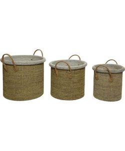 MACETA ALGODÓN MARRÓN Y ASAS CUERO Set 3 uds.