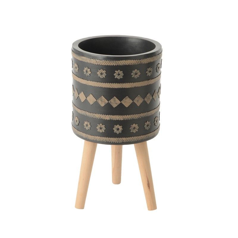 Maceta con pie de magnesia gris y madera natural | Spicy, Ø29x31 cm