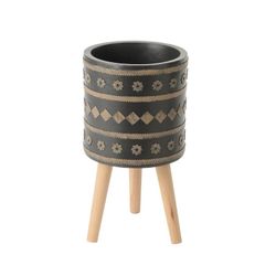 Maceta con pie de magnesia gris y madera natural | Spicy, Ø29x31 cm