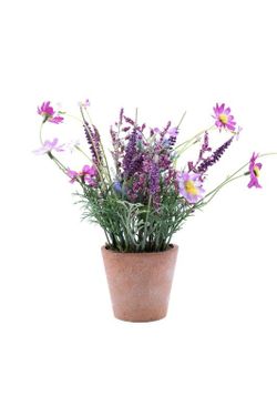 Maceta pequeña con flores artificiales fucsia y base de terracota