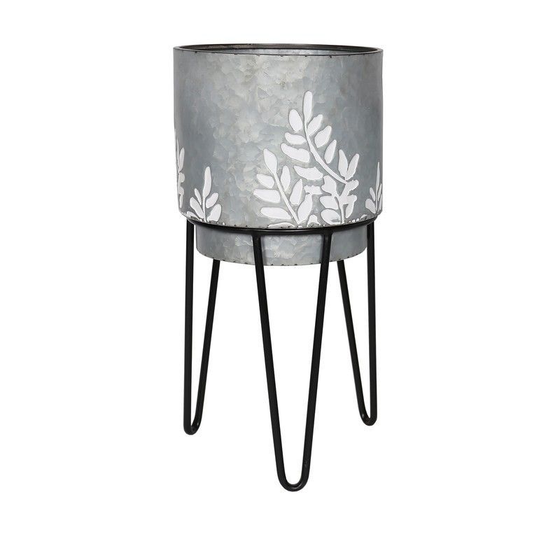 Macetero de metal plateado con pie de ramas L en color negro, Ø26x54 cm