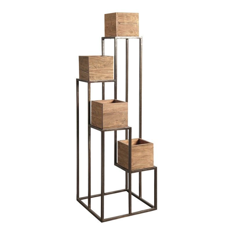 Macetero de Niveles de Acacia y Metal Natural/Negro, 40x40x138 cm