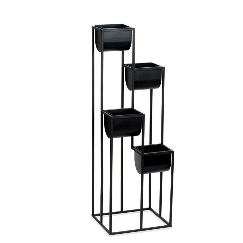 Macetero de Pie Múltiple de Metal y Plástico Negro, 33,5x29x100 cm