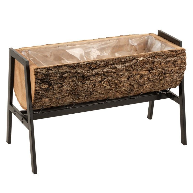 Macetero L de Hierro y Madera de Paulownia Natural/Negro, 78x39x40 cm