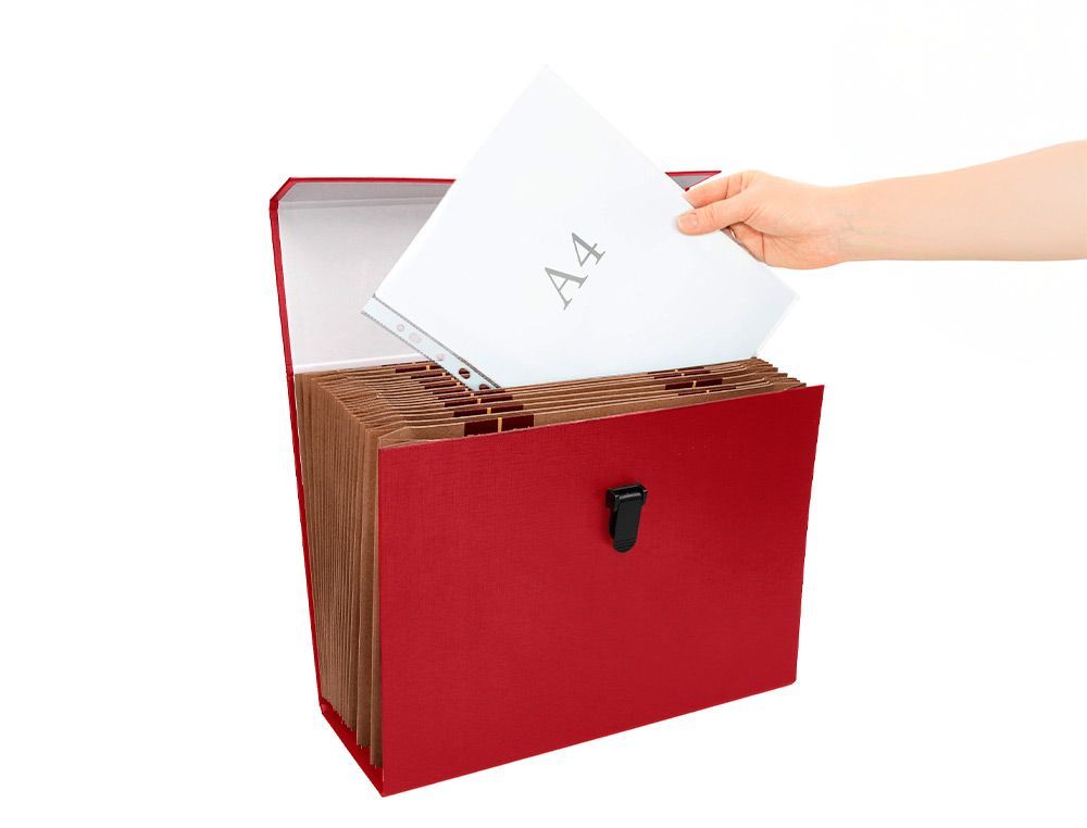 Maletin liderpapel con fuelle y asa carton forrado 19 departamentos 255x390x120 mm color rojo