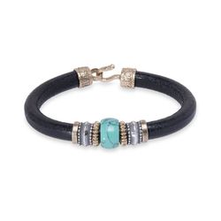 MB187X Pulsera Plata de Palo de cuero para hombre con resina central color turquesa