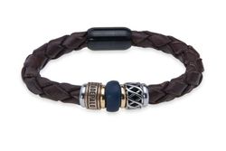 MB225X Pulsera PLATA DE PALO de cuero trenzado con resina azul, bronce y acero inoxidable