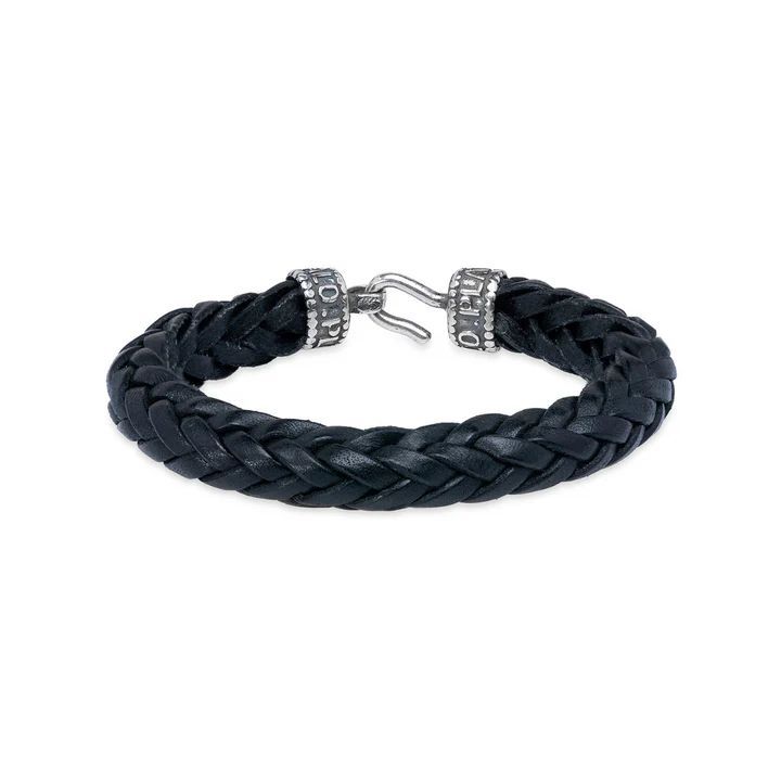 MB240X Pulsera PLATA DE PALO estilosa hombre de cuero negro trenzado cierre de gancho en plata de ley