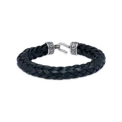 MB240X Pulsera PLATA DE PALO estilosa hombre de cuero negro trenzado cierre de gancho en plata de ley