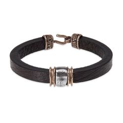 MB253X Pulsera Plata de Palo enérgica de hombre cuero con piezas de plata y cierre de gancho en bronce