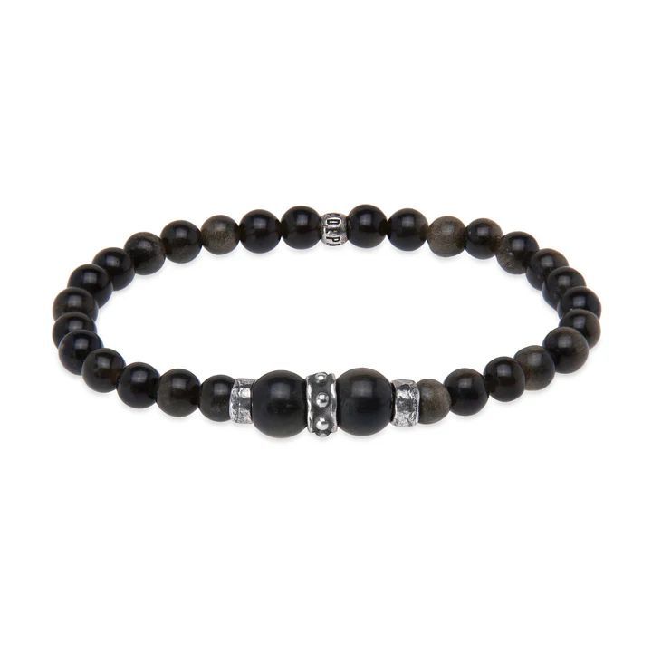 MB271X Pulsera Plata de Palo de bolas de hombre Nagare de obisidiana y plata de ley