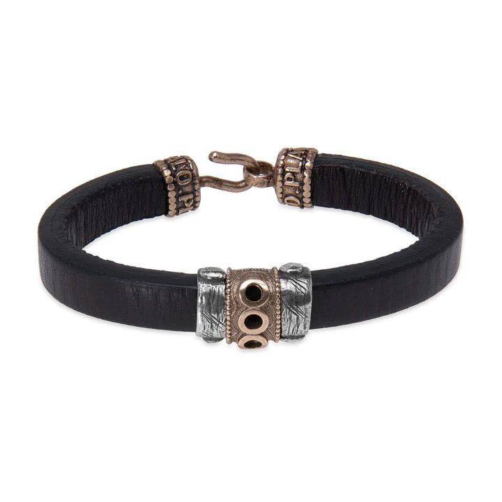 MB278X Pulsera Plata de Palo hombre Ryomen de cuero con piezas de plata y bronce, cierre fuerte y sólido de gancho