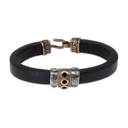 MB278X Pulsera Plata de Palo hombre Ryomen de cuero con piezas de plata y bronce, cierre fuerte y sólido de gancho