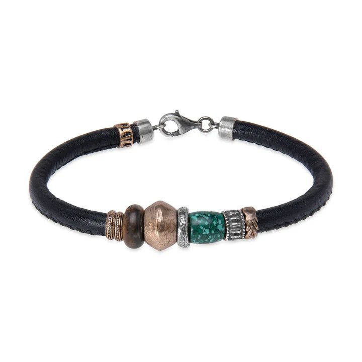 MB280X Pulsera Plata de Palo hombre Mikazuki de cuero con ojo de tigre y jade