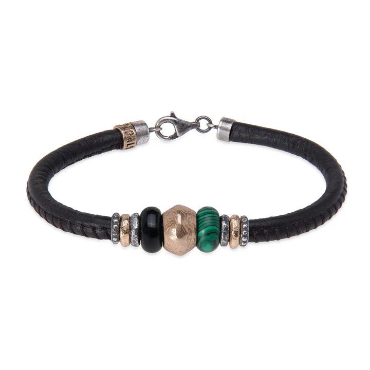 MB281X Pulsera vibrante de Plata de Palo hombre de cuero adornada con bronce y jade