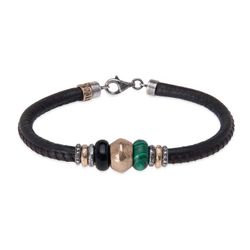 MB281X Pulsera vibrante de Plata de Palo hombre de cuero adornada con bronce y jade