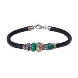 MB283X Pulsera Plata de Palo hombre Kogarashi de cuero con bronce y jade cierre mosquetón de seguridad