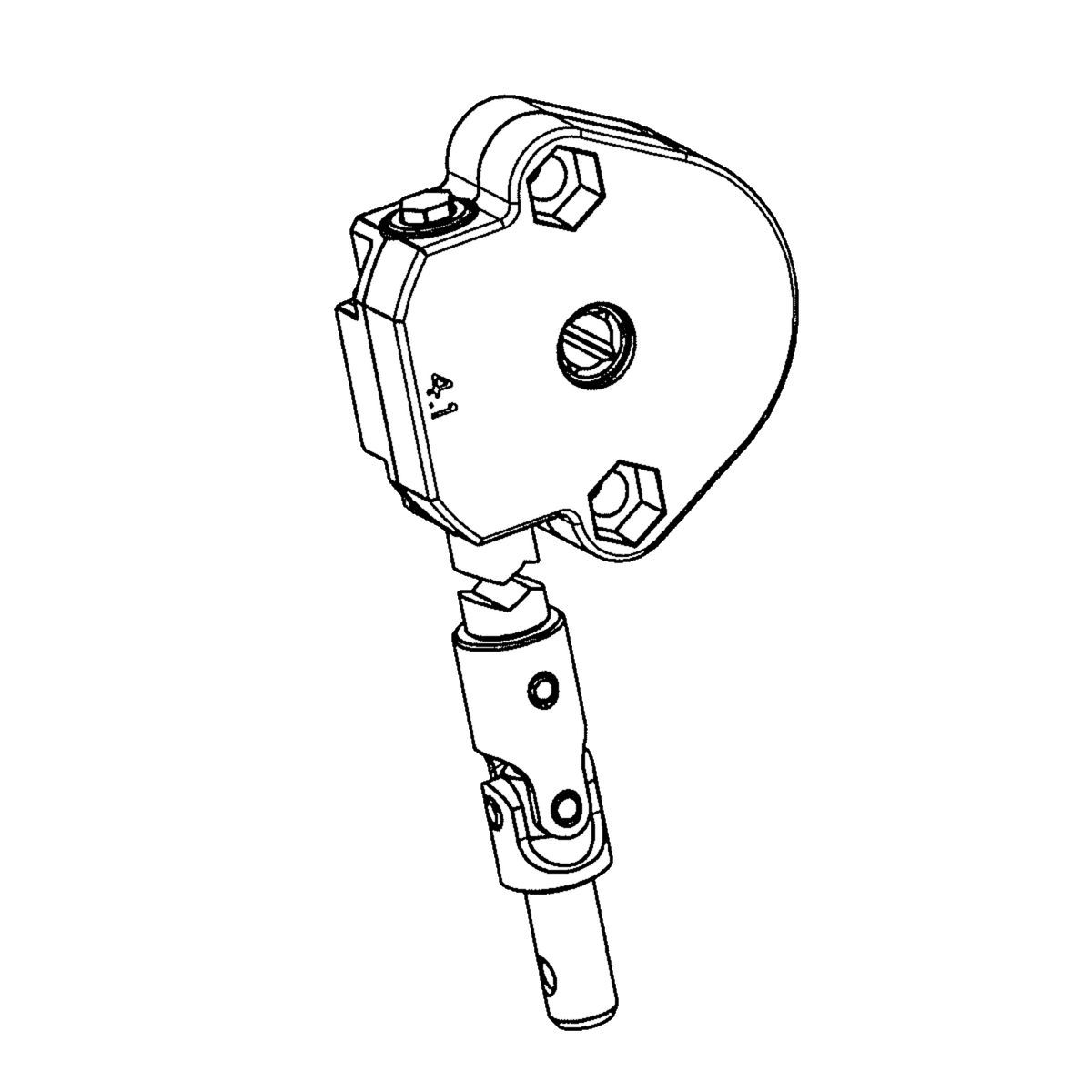 Mecanismo cardan SIN FIN para CORTINA enrollable hasta 30 kg. - R: 4/1 - rótula con macho Ø 9,9 mm. para tubo manivela Ø 10 mm interior. - Entrada axial para perno cuadrado 7 mm.