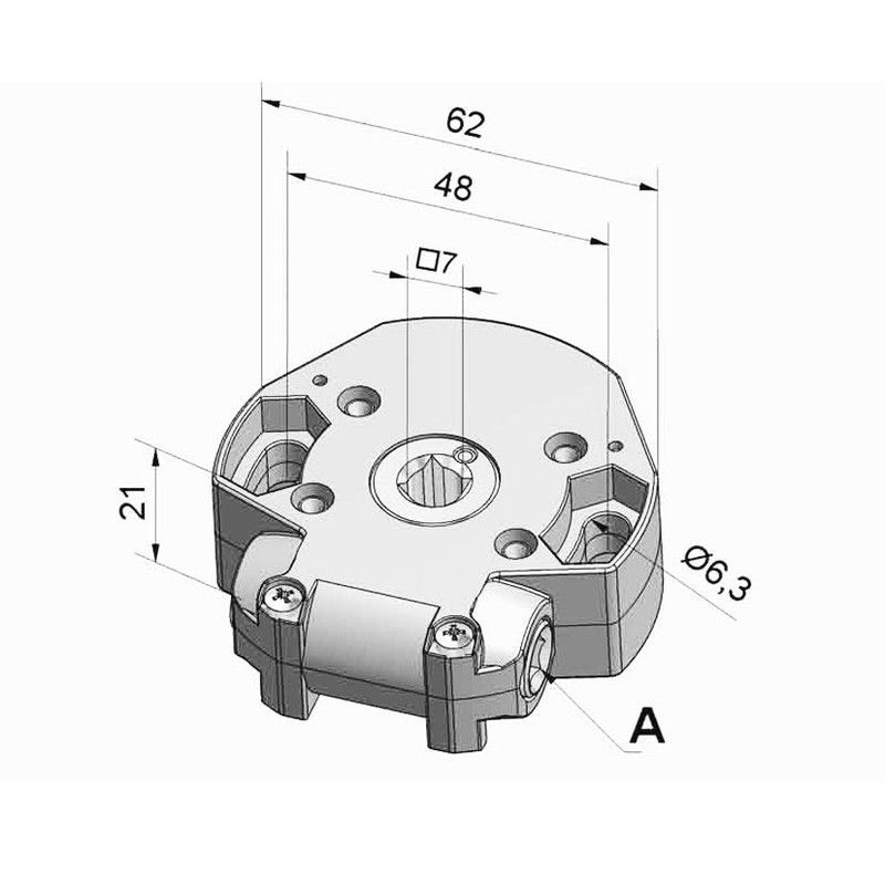 Mecanismo CARDAN Zamak para CORTINA enrollable, CON final de carrera de 19 vueltas, hasta 10 kg. - R: 3,5/1 / Utiliza contera con espiga cuadrada de 7 mm y Snodo con varilla cuadrada de 6 mm