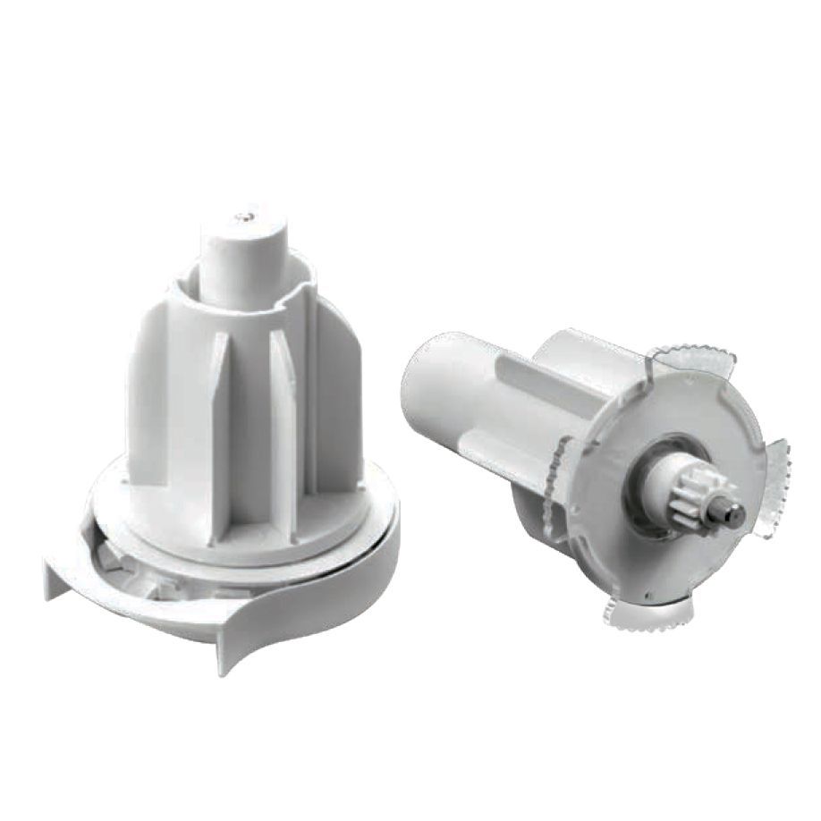 Mecanismo cortina desmultiplicado (1:1,65) a cadena con campana - hasta 8 kg. / 12 m² - para soporte con pestaña 12 mm. / para eje Ø 43 mm + contera con espiga retractil metalica Ø 5 mm