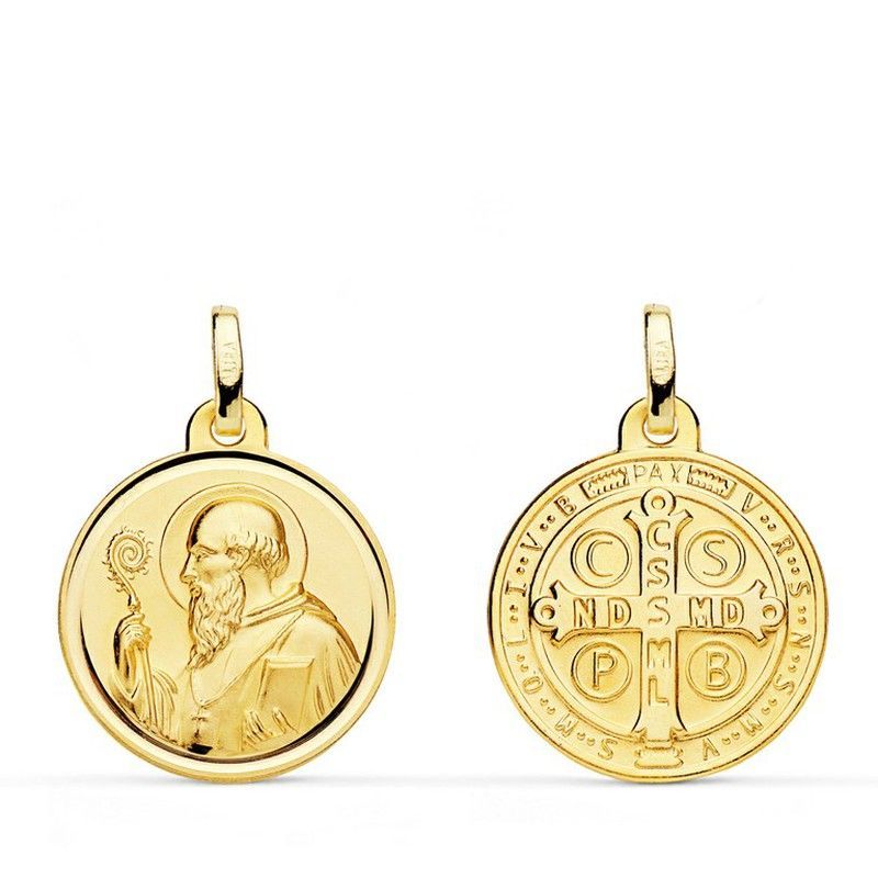 Medalla Escapulario San Benito Monje Bisel Oro 18kts 18mm P8097-118