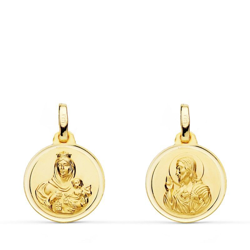 Medalla Escapulario Virgen del Carmen Corazón Jesús Bisel Oro 18kts 14mm P5003-114