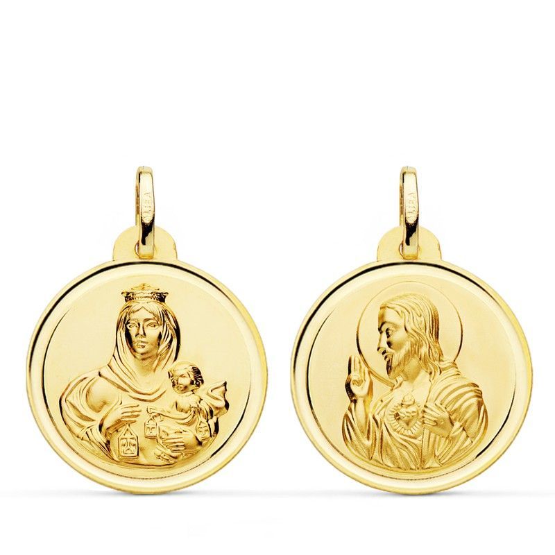 Medalla Escapulario Virgen del Carmen Corazón Jesús Bisel Oro 18kts 22mm P5003-122