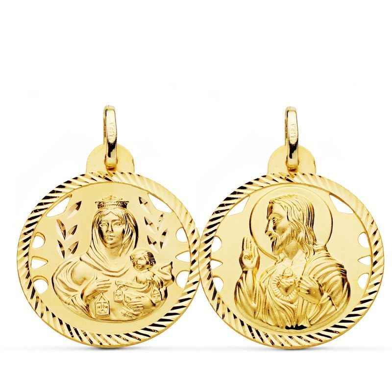 Medalla Escapulario Virgen del Carmen Corazón Jesús Helice Calado Oro 18kts 24mm P5003-424