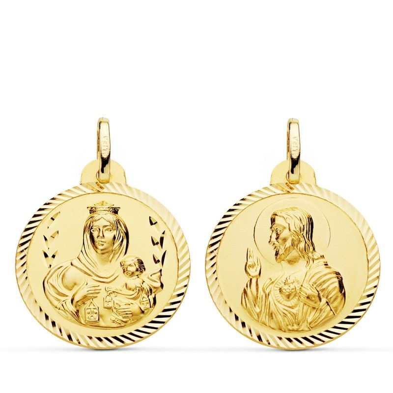 Medalla Escapulario Virgen del Carmen Corazón Jesús Helice Oro 18kts 22mm P5003-222