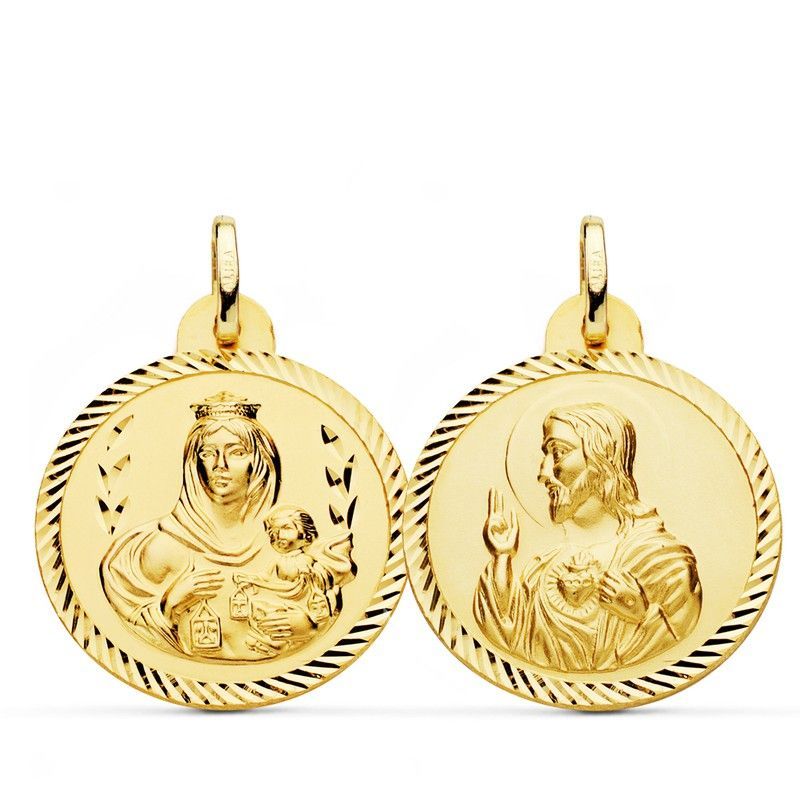Medalla Escapulario Virgen del Carmen Corazón Jesús Helice Oro 18kts 24mm P5003-224