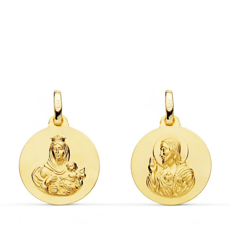 Medalla Escapulario Virgen del Carmen Corazón Jesús Liso Oro 18kts 16mm P5003-016