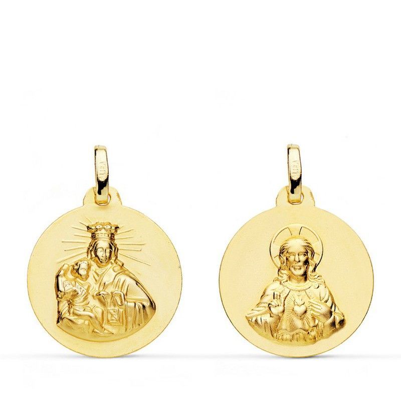 Medalla Escapulario Virgen del Carmen Corazón Jesús Liso Oro 18kts 18mm P5006-018