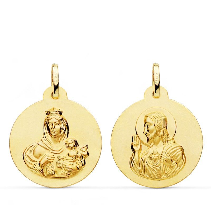 Medalla Escapulario Virgen del Carmen Corazón Jesús Liso Oro 18kts 22mm P5003-022