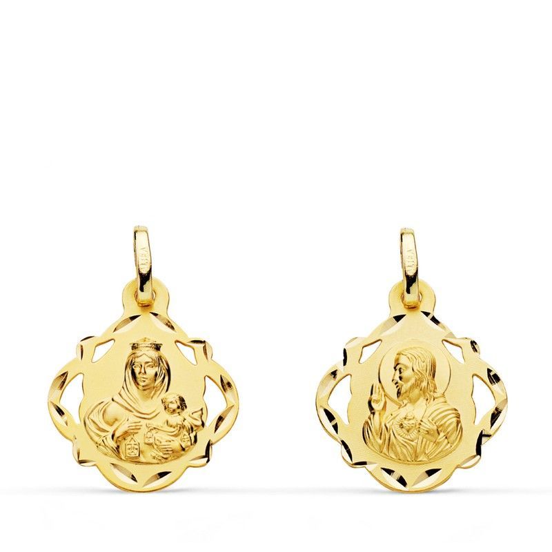 Medalla Escapulario Virgen del Carmen Corazón Jesús Pandereta Calada Oro 18kts 16mm P5003-616