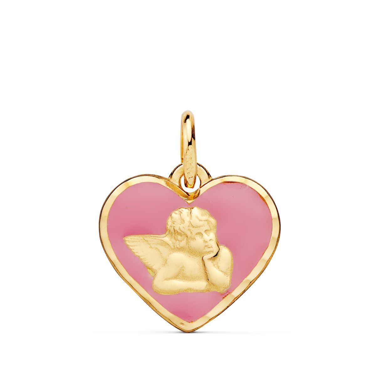 Medalla Oro 18kts 14mm 22448-RS Corazón Angelito Burlon en Esmalte Rosa