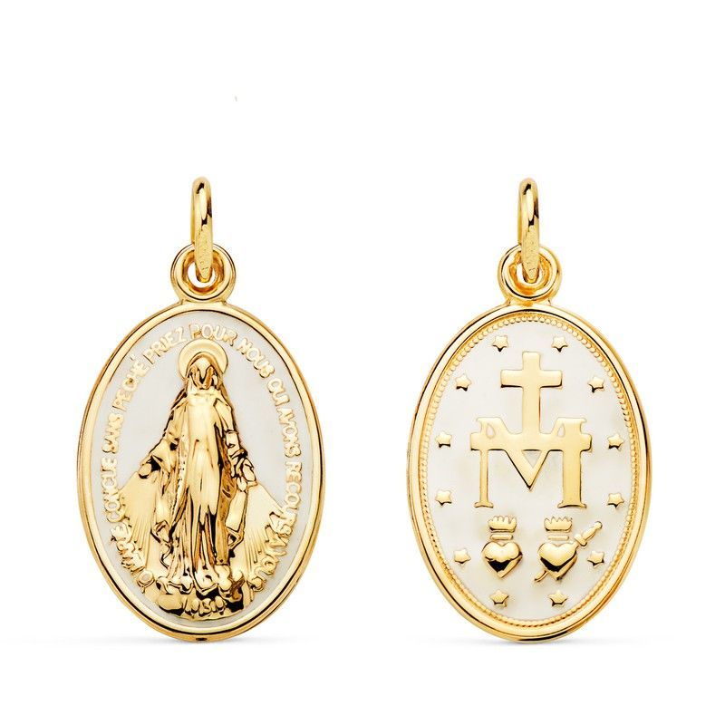 Medalla Oro 18kts 22387-BL Virgen Milagrosa Oval en Esmalte Blanco
