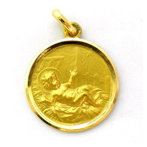 Medalla Oro 18kts Nińo En Pesebre Bisel Lapidado 18mm M1/11/15/18