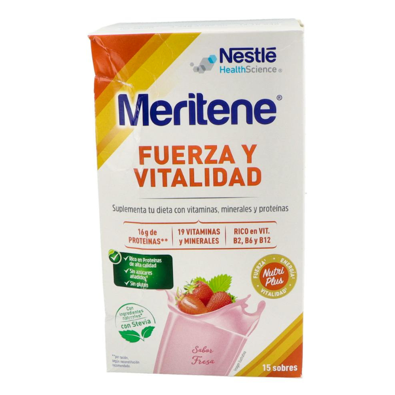 Meritene Fuerza y Vitalidad Batido Sabor Fresa sin Gluten ni Azúcares Añadidos 15 Sobres