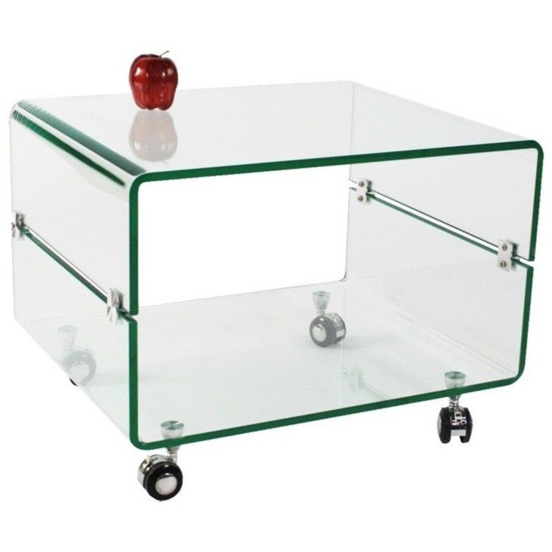 Mesa Auxiliar Cristal Curvado con Ruedas, 60x40x44 cm