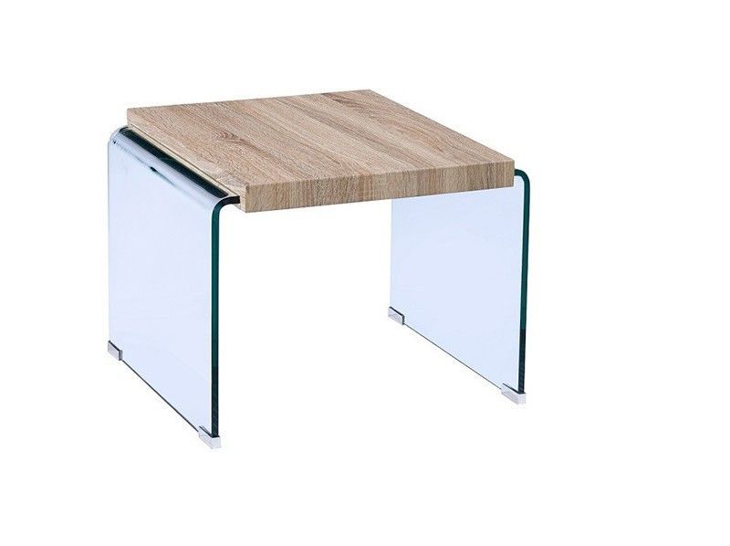 Mesa Auxiliar Cuadrada Osiris de Madera y Cristal Curvado Natural/Transparente, 55x55x40 cm