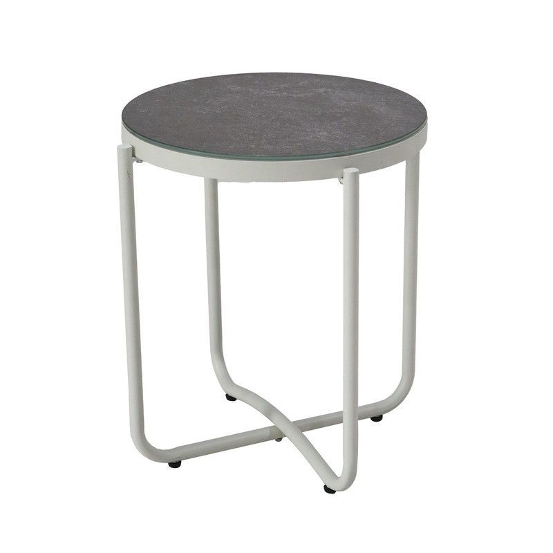 Mesa auxiliar de jardín de aluminio y cristal en blanco y gris, 47,5 x 47,5 x 56 cm | Bely