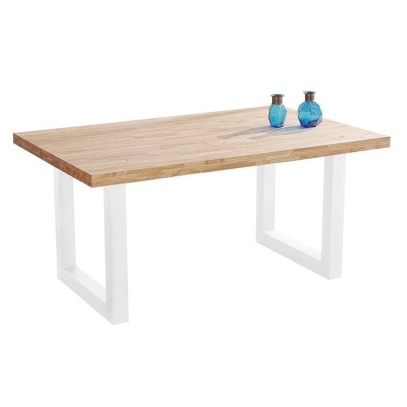 Mesa comedor de roble y metal en natural claro y blanco, 160 x 100 x 75 cm | Loft