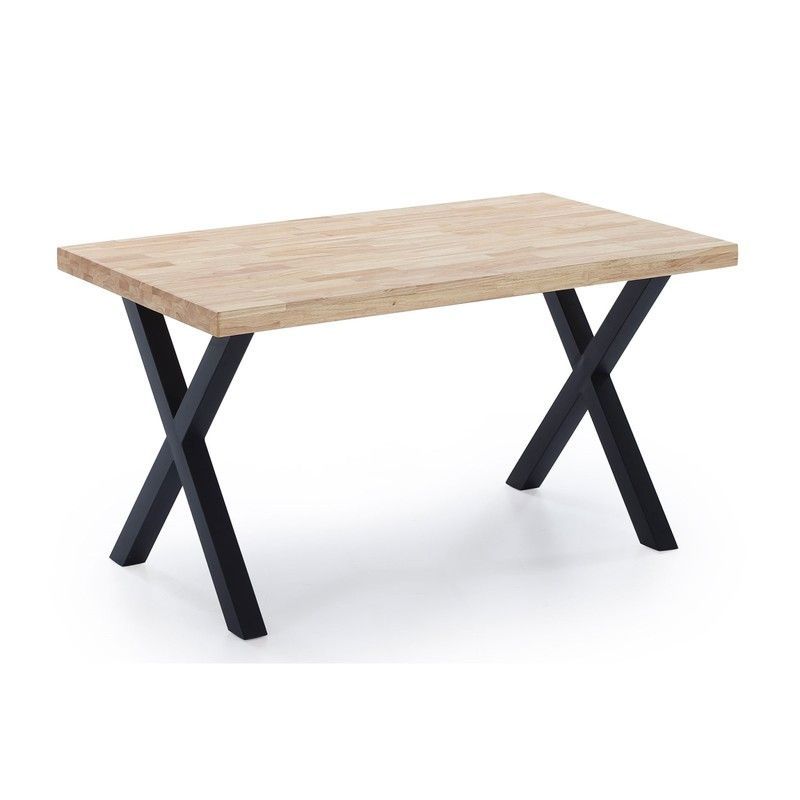 Mesa comedor de roble y metal en natural claro y negro, 140 x 80 x 76 cm | X-loft