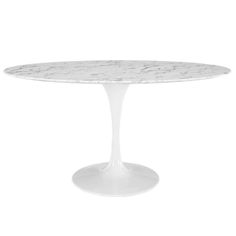 Mesa Comedor Ovalada Tul de Mármol  y Fibra de Vidrio Blanca, 160x90x76 cm