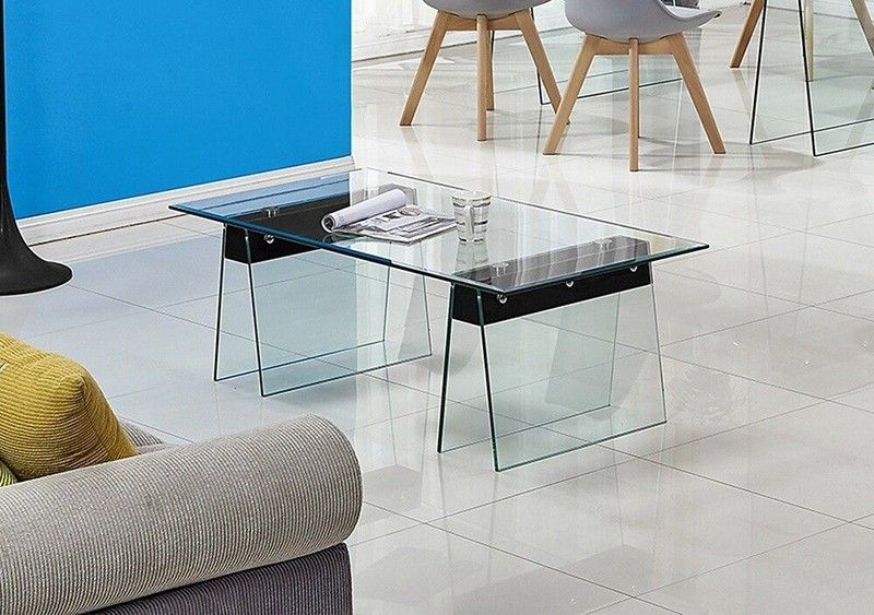Mesa de Centro Cuadrada Selene de Cristal Curvado y Madera Transparente/Negra, 120x60x42 cm