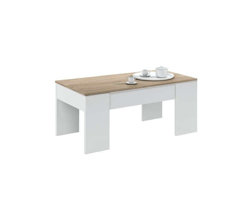 Mesa de centro elevable blanca y color roble, 100 x 50 x 45/56 cm
