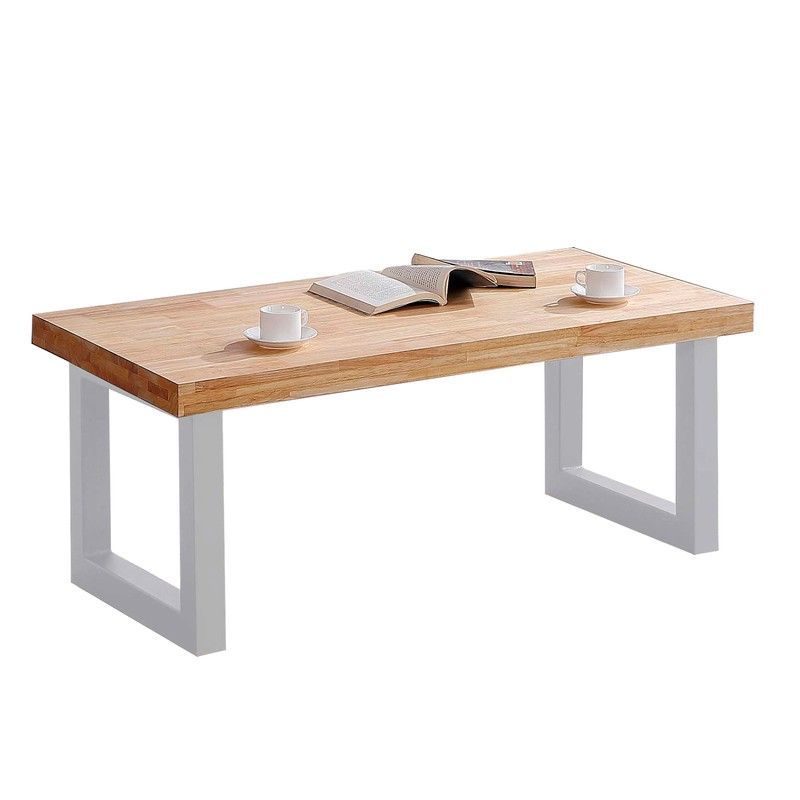 Mesa de centro elevable de roble y metal en natural claro y blanco, 120 x 60 x 47,5/62,5 cm | Loft