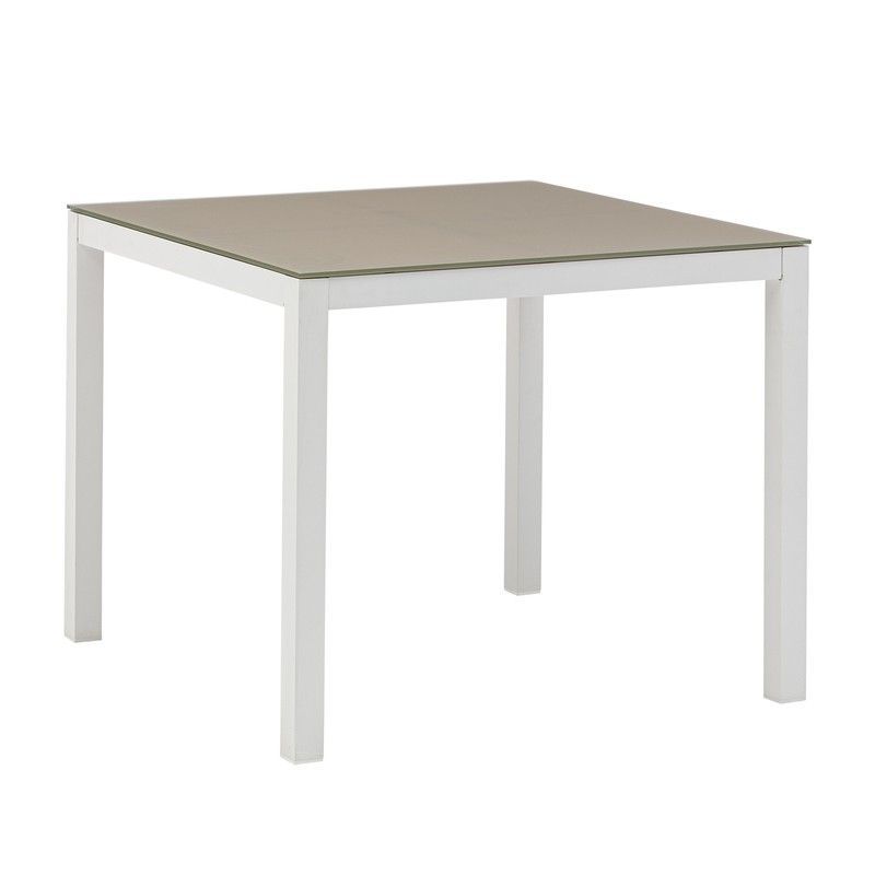 Mesa de comedor de exterior cuadrada de aluminio y cristal en blanco y topo, 90,2 x 90,2 x 74 cm | Adin
