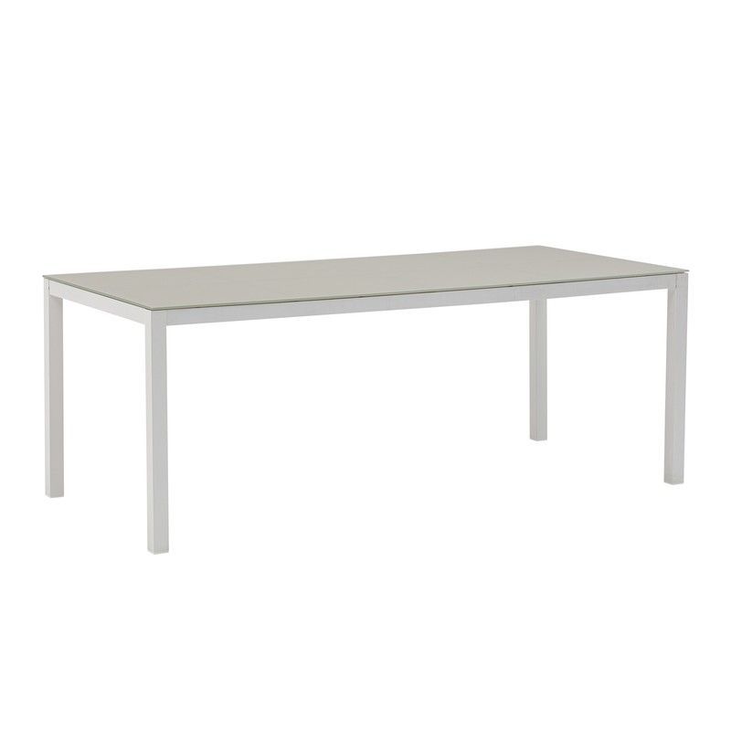 Mesa de comedor de exterior rectangular de aluminio y cristal en blanco y gris, 200 x 90 x 74 cm | Adin