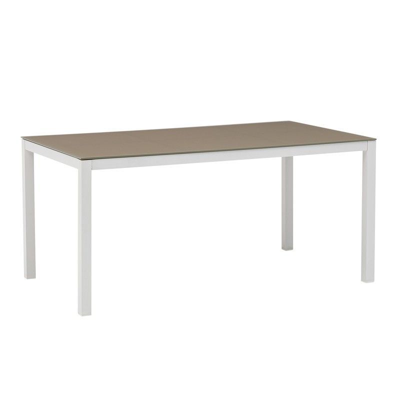 Mesa de comedor de exterior rectangular de aluminio y cristal en blanco y topo, 160 x 90 x 74 cm | Adin